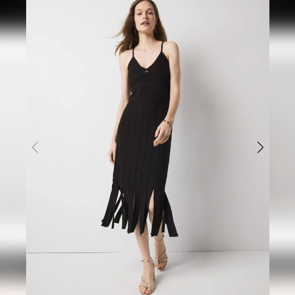 White House Black Market Black Halter Sweater Dress with Fringe